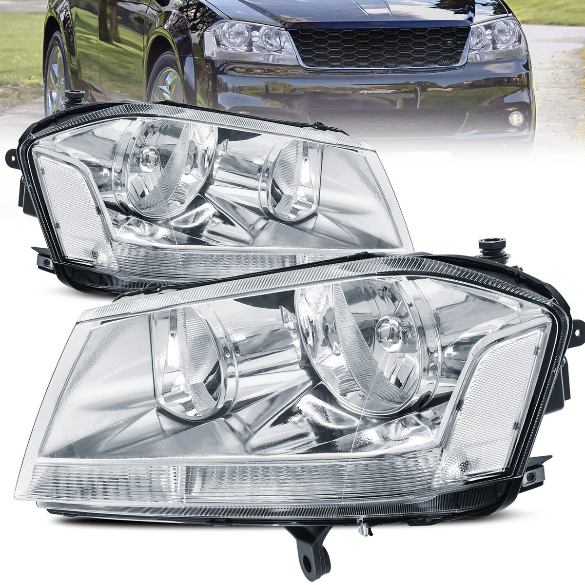 Chrome Headlights Assembly For 2008-2014 Dodge Avenger w/ Clear Lens Clear Corner LH+RH