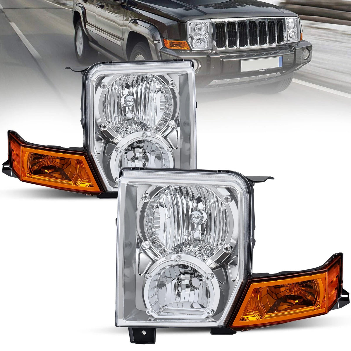 Chrome Housing Headlights Assembly For 2006-2010 Jeep Commander w/ Clear Lens Amber Reflector LH+RH