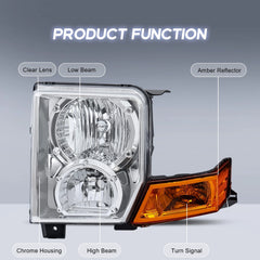 Chrome Housing Headlights Assembly For 2006-2010 Jeep Commander w/ Clear Lens Amber Reflector LH+RH
