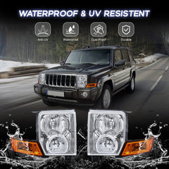 Chrome Housing Headlights Assembly For 2006-2010 Jeep Commander w/ Clear Lens Amber Reflector LH+RH
