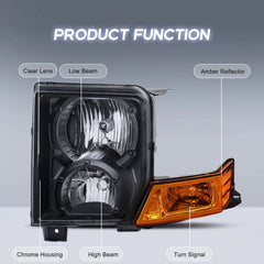 Black Housing Headlights Assembly For 2006-2010 Jeep Commander 4-Door w/ Clear Lens Amber Reflector LH+RH