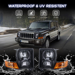 Black Housing Headlights Assembly For 2006-2010 Jeep Commander 4-Door w/ Clear Lens Amber Reflector LH+RH
