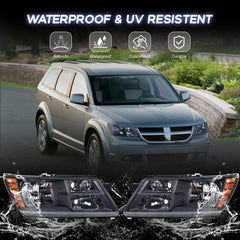 Black Housing Headlight Assembly For 2009-2020 Dodge Journey w/ Clear Lens Amber Reflector LH+RH
