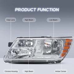 Chrome Housing Headlights Assembly For 2009-2020 Dodge Journey 4-Door Sport w/ Clear Lens Amber Corner LH+RH