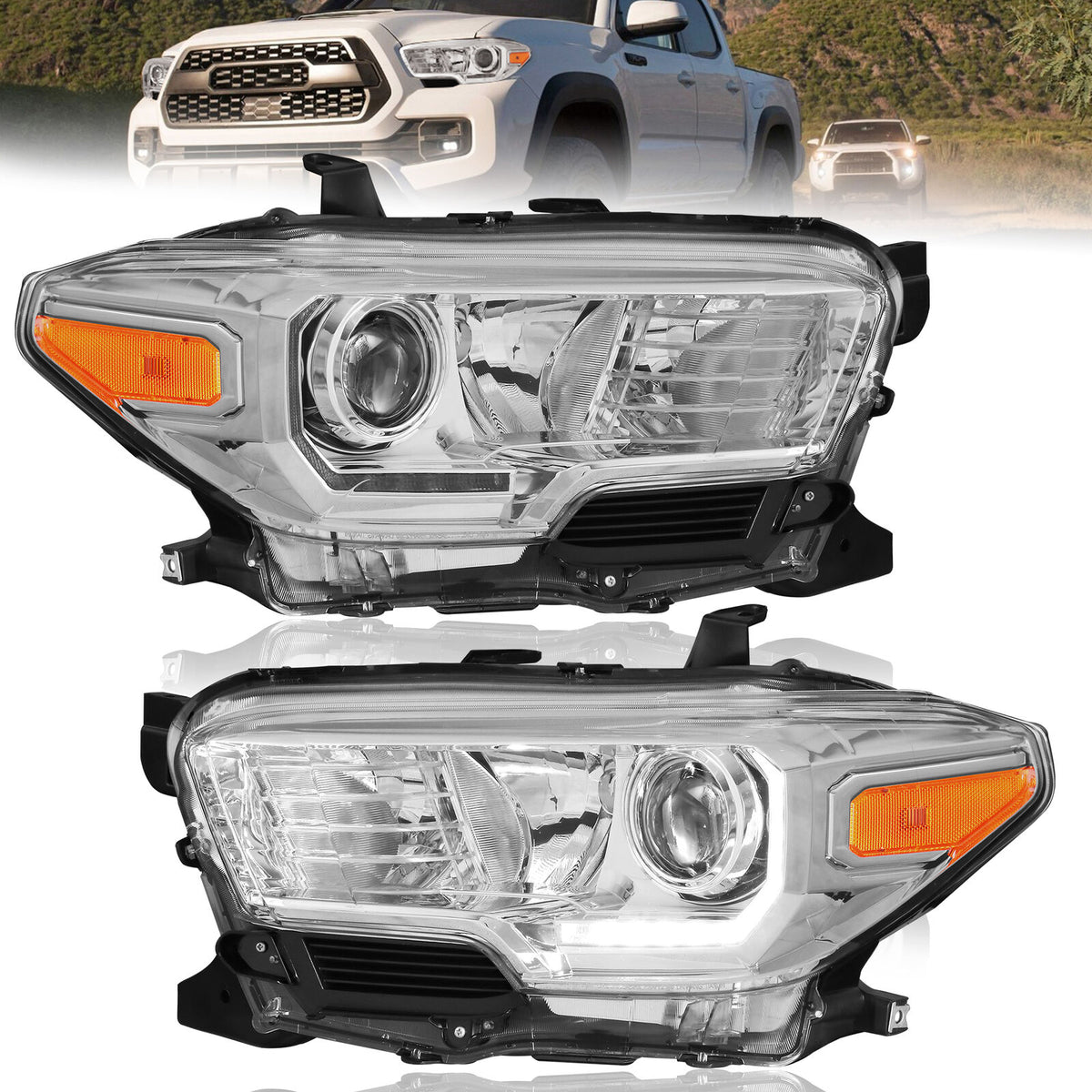 Chrome Housing Headlights Assembly w/LED DRL For 2016-2021 Toyota Tacoma 2pcs