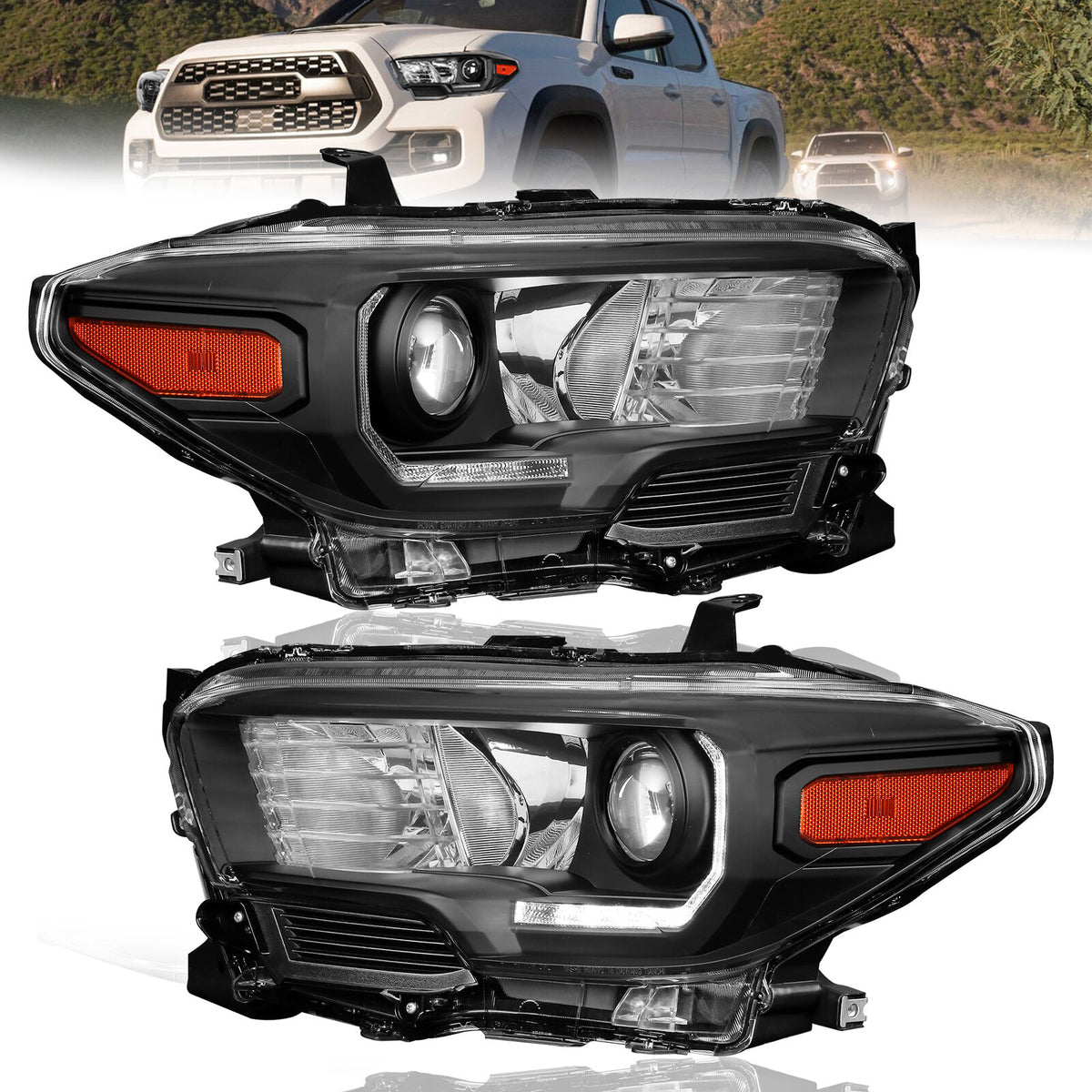 Black Housing Headlights Assembly w/ LED DRL For 2016-2021 Toyota Tacoma 2pcs