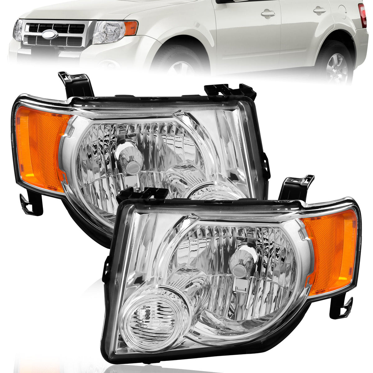 Chrome Headlights Assembly w/ Amber Reflector For 2008-2012 Ford Escape 2pcs