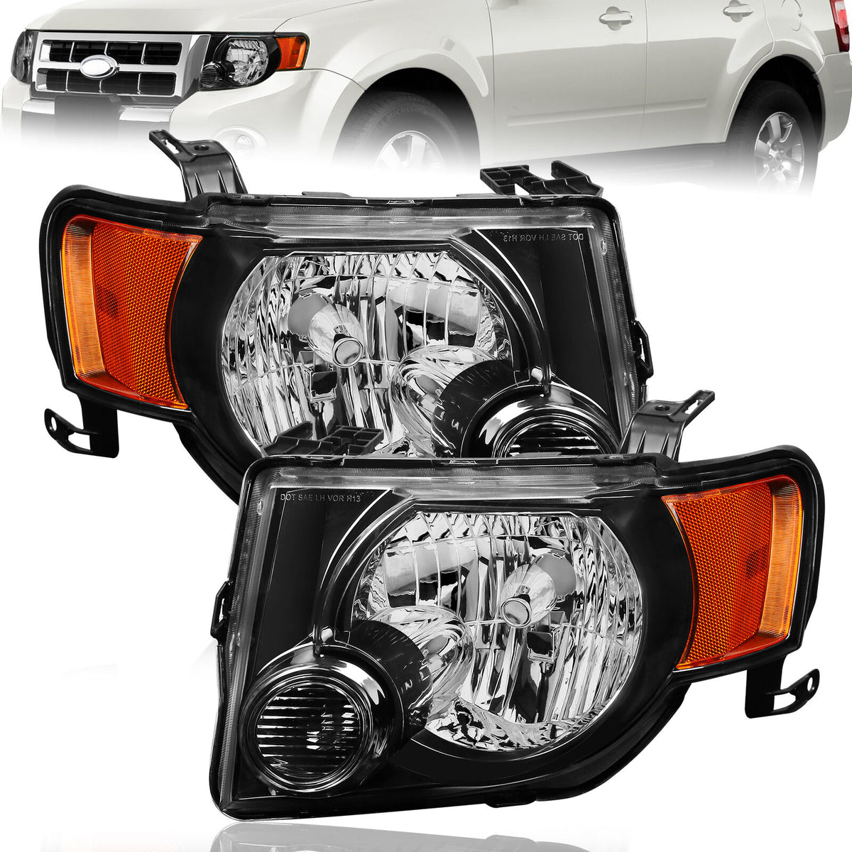 Black Housing Headlights Assembly w/Amber Reflector For 2008-2012 Ford Escape 2pcs