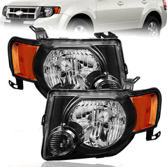 Black Housing Headlights Assembly w/Amber Reflector For 2008-2012 Ford Escape 2pcs