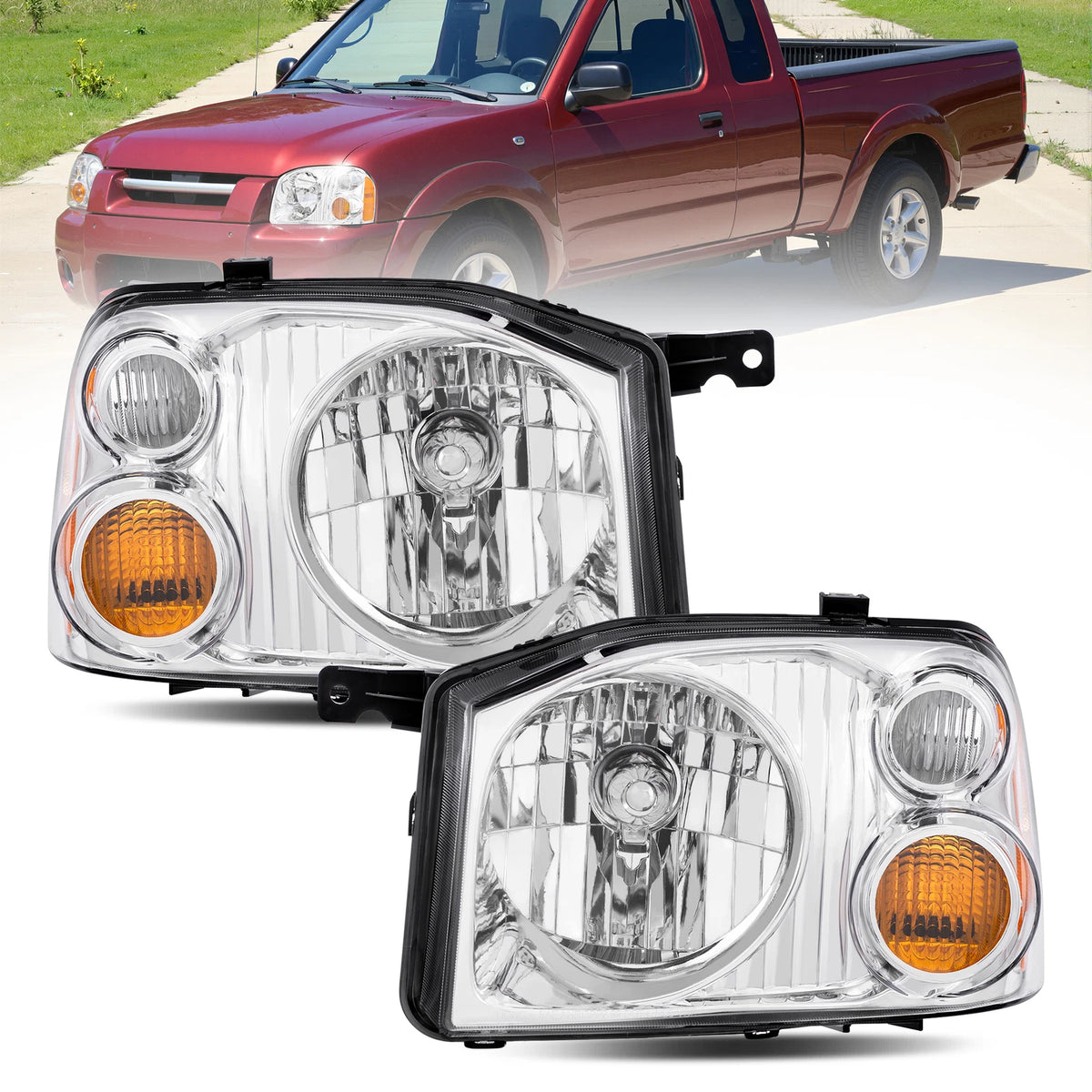 Chrome Headlights Assembly For 2001-2004 Nissan Frontier Base XE w/ Clear Lens Amber Corner LH+RH