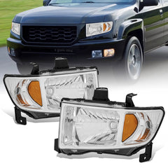 Chrome Headlights Assembly For 2006-2014 Honda Ridgeline Front Lamps w/ Clear Lens Amber Corner LH+RH