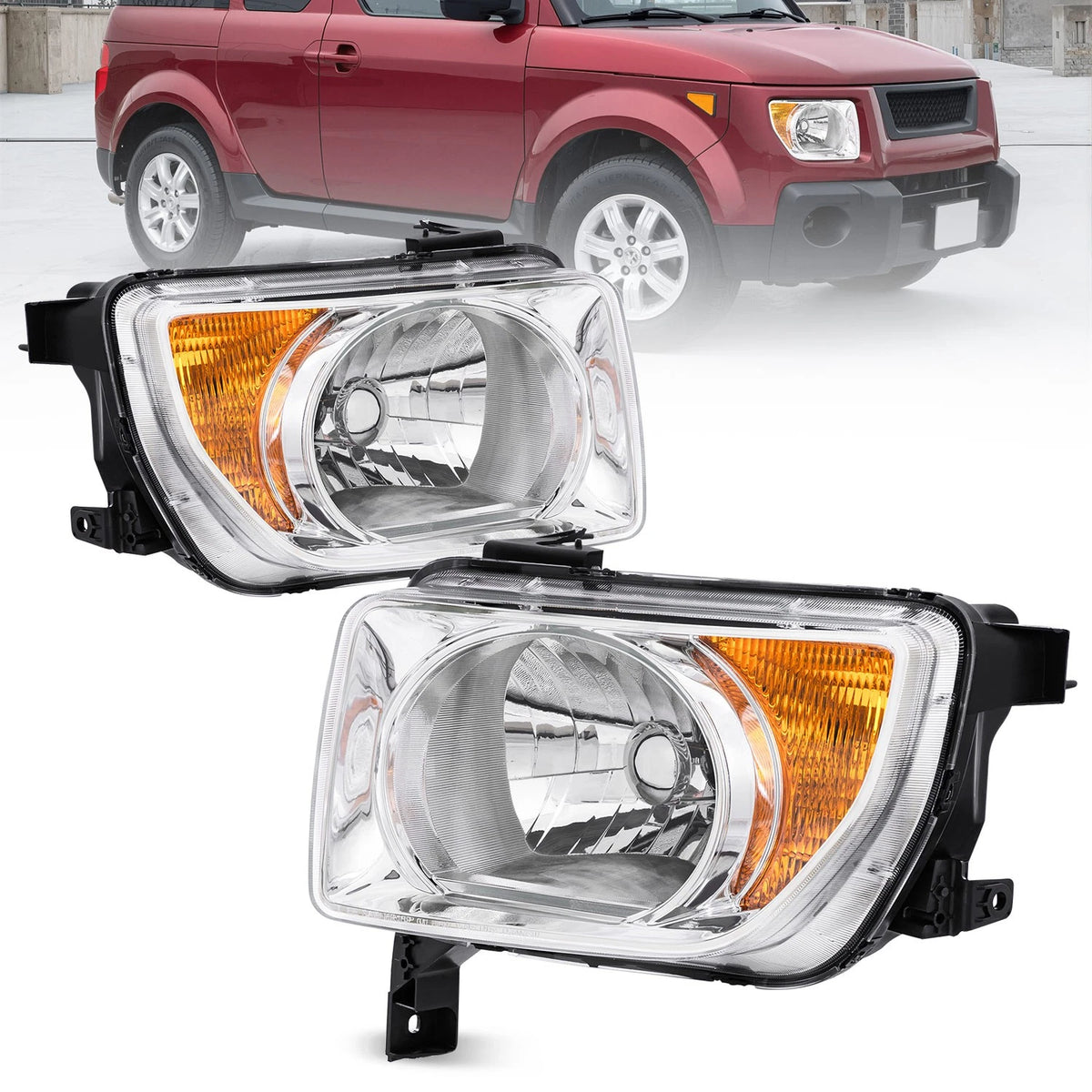 Chrome Headlights Assembly w/ Amber Corner For 2003-2008 Honda Element 2.4L LH+RH