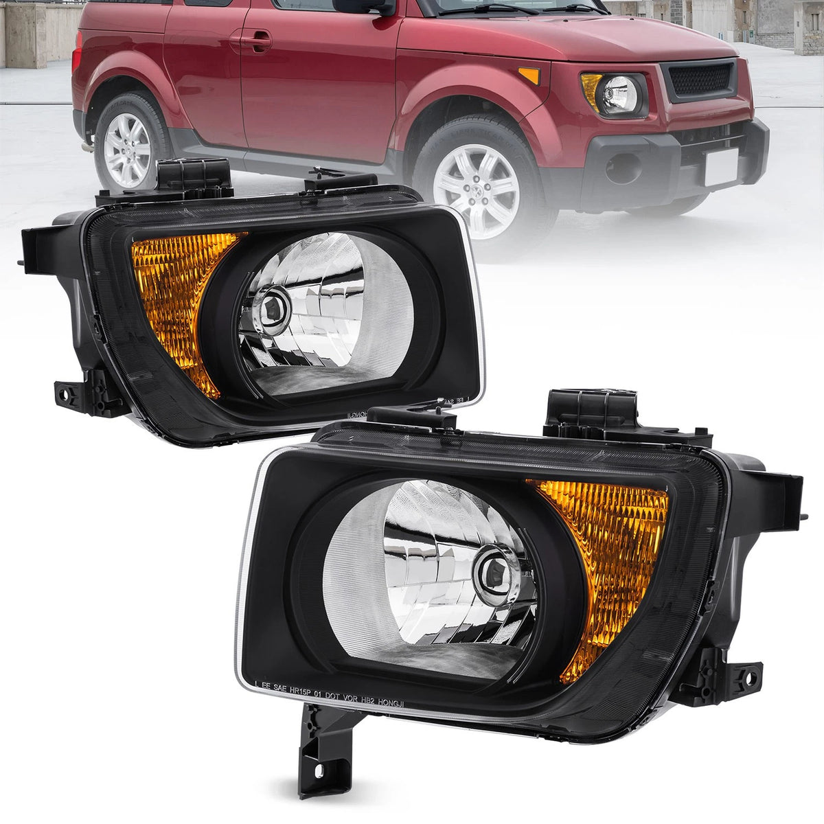 Black Housing Headlights Assembly w/ Amber Corner For 2003-2008 Honda Element EX 2.4L LH+RH