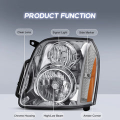 Chrome Headlights Assembly For 2007-2014 GMC Yukon Denali XL W/ Clear Lens Amber Corner LH+RH