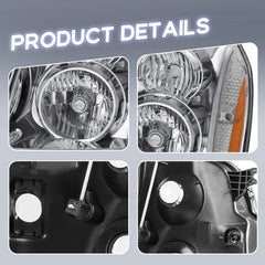 Chrome Headlights Assembly For 2007-2014 GMC Yukon Denali XL W/ Clear Lens Amber Corner LH+RH