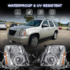 Chrome Headlights Assembly For 2007-2014 GMC Yukon Denali XL W/ Clear Lens Amber Corner LH+RH