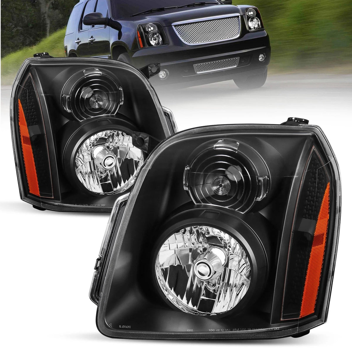 Black Housing Headlights Assembly w/ Amber Corner For 2007-2014 GMC Yukon Denali XL LH+RH
