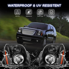 Black Housing Headlights Assembly w/ Amber Corner For 2007-2014 GMC Yukon Denali XL LH+RH
