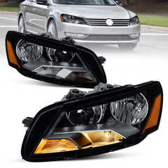 Black Headlight Assembly Amber Corner For 2012-2015 Volkswagen Passat Halogen LH+RH
