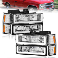 Chrome Housing Headlights w/ Bumper Lamps For 1994-1998 Chevy Silverado Tahoe Suburban 2pcs