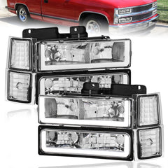 Chrome Housing Headlights w/ Bumper Lamps Clear Corner For 1994-1998 Chevy C/K 1500/2500/3500 2pcs