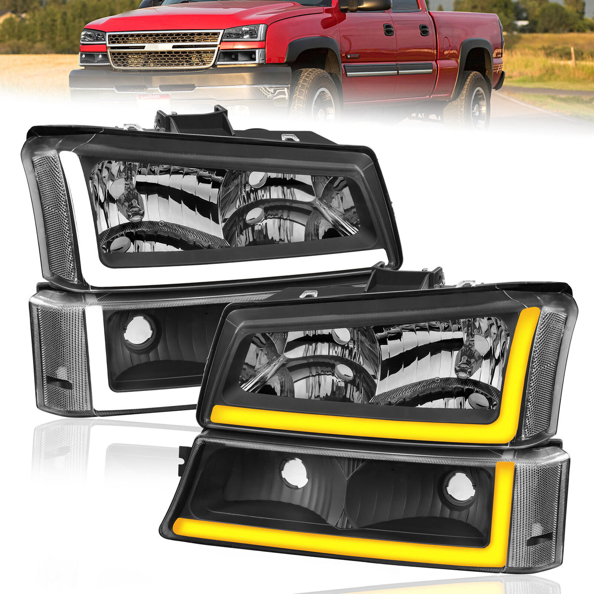 Black Housing LED DRL Headlights Assembly For 2003-2006 Chevy Silverado 1500 2500HD 3500 2pcs