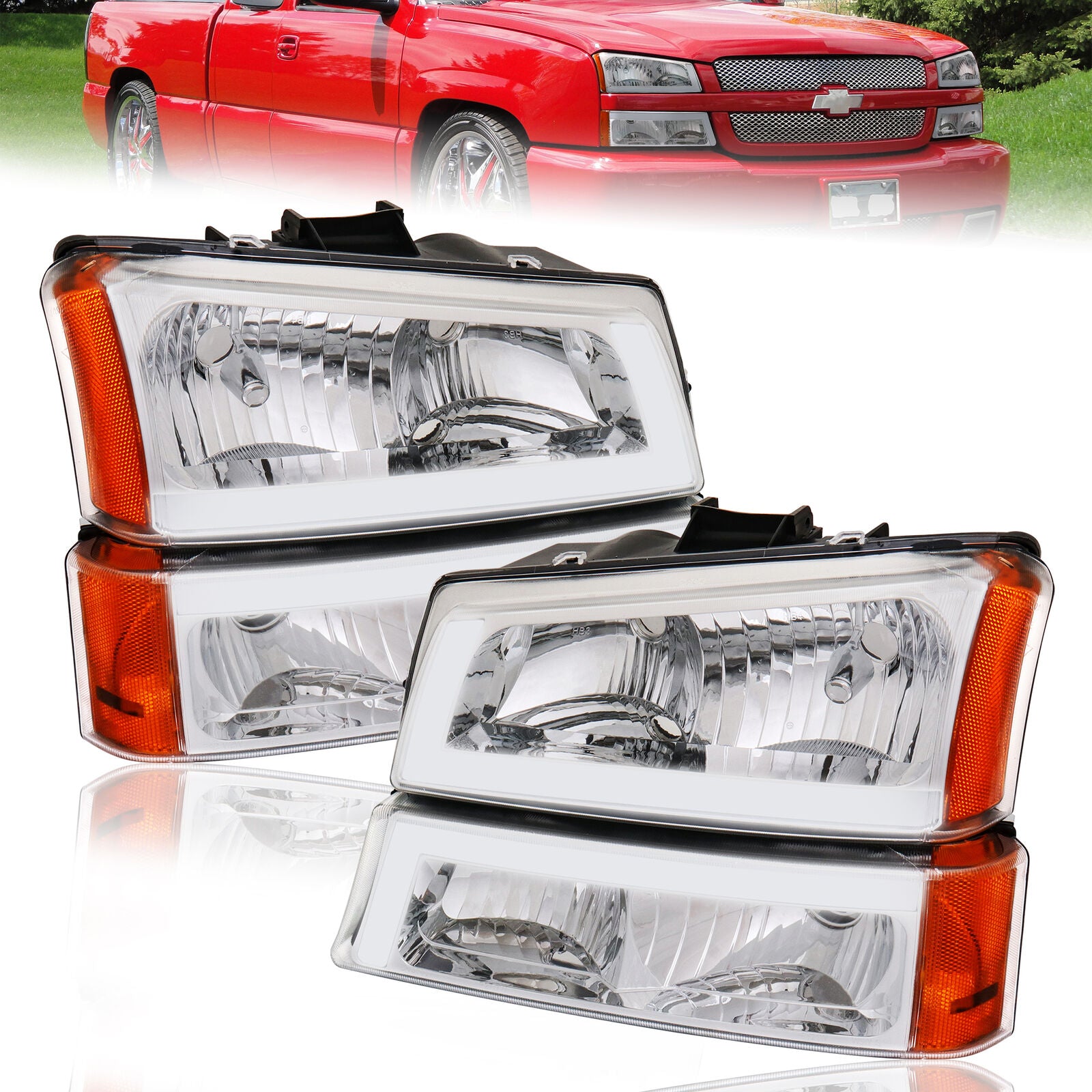 Chrome Housing Clear Lens Amber Reflector Headlights & Bumper Lamps w/LED DRL For 2003-2006 Silverado