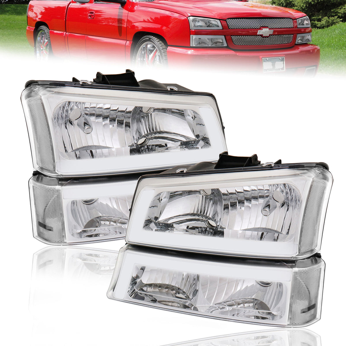 Chrome Housing Clear Lens Headlights & Bumper Lamps w/LED DRL For 2003-2007 Chevy Silverado 1500 2500