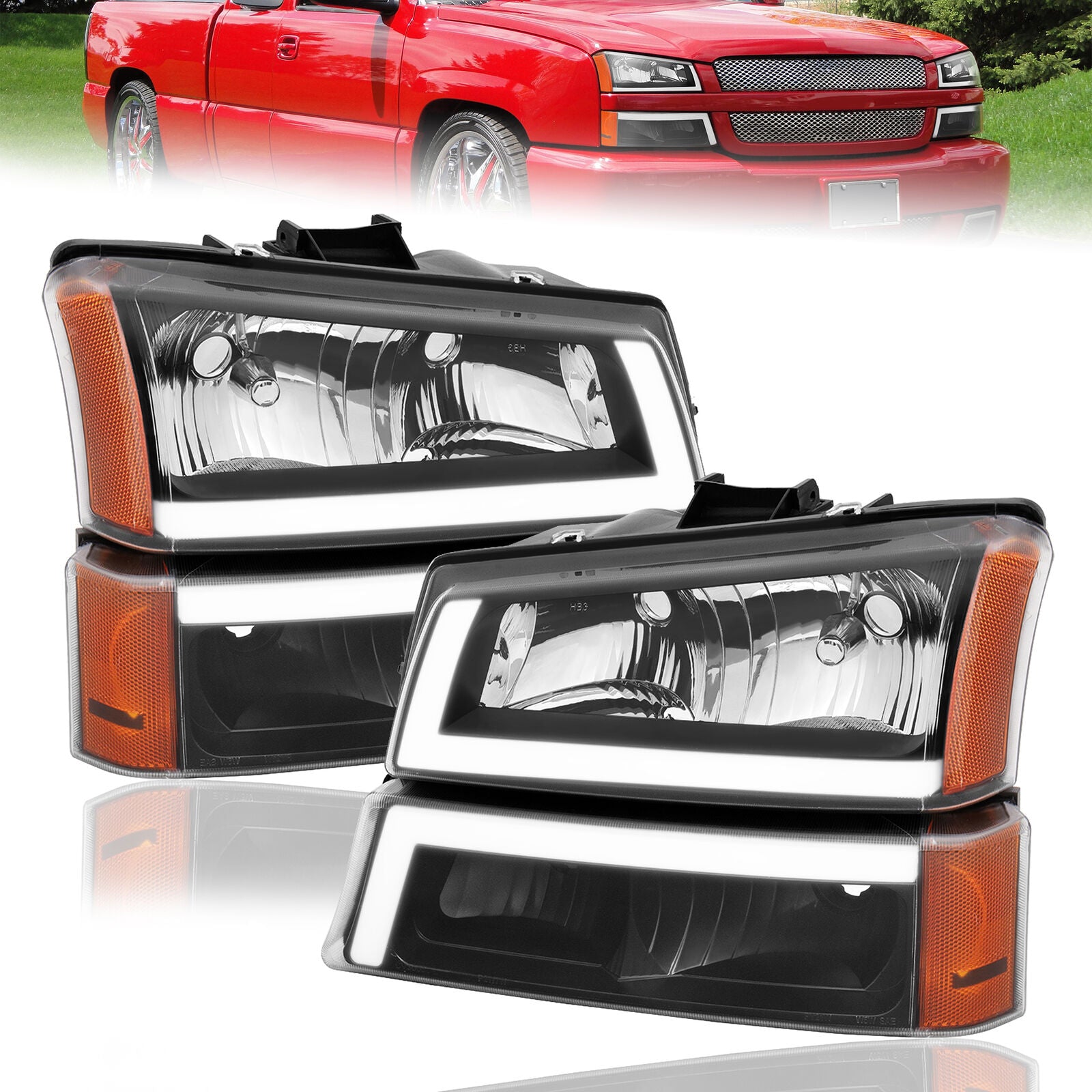 Black Housing Clear Lens Headlights & Bumper Lamps w/LED DRL Amber Reflector For 2003-2007 Chevy Silverado