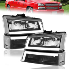 Black Housing Clear Lens Headlights & Bumper Lamps w/ LED DRL For 2003-2007 Chevy Silverado 1500 2500 3500