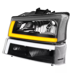 Black Headlights LED DRL Sequential Signal For 2003-2006 Chevy Avalanche Silverado 1500 2500