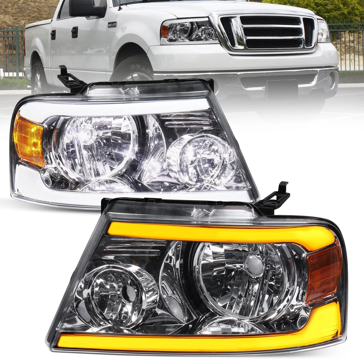 Chrome LED DRL Headlight Assembly w/ Turn Signal For 2004-2008 Ford F150 Mark LT LH+RH