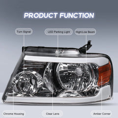 Chrome LED DRL Headlight Assembly w/ Turn Signal For 2004-2008 Ford F150 Mark LT LH+RH