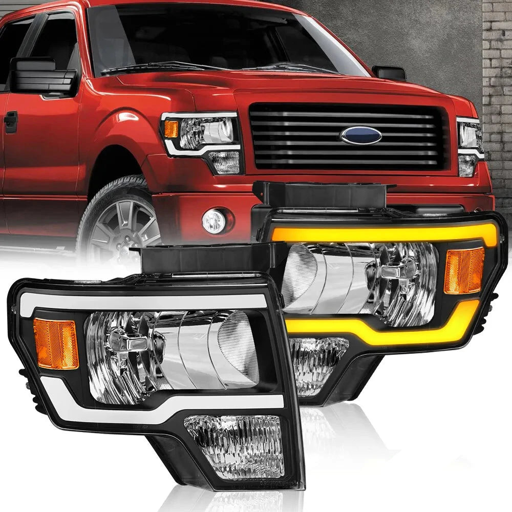 Headlight Assembly Compatible with 2009-2014 Ford F150 Front Lamp with Sequential Turn Light/Led DRL-Black Housing/Clear Lens/Amber Reflector