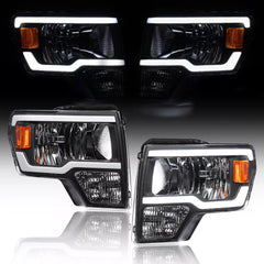 Headlight Assembly Compatible with 2009-2014 Ford F150 Front Lamp with Sequential Turn Light/Led DRL-Black Housing/Clear Lens/Amber Reflector