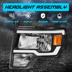 Headlight Assembly Compatible with 2009-2014 Ford F150 Front Lamp with Sequential Turn Light/Led DRL-Black Housing/Clear Lens/Amber Reflector