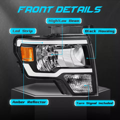 Headlight Assembly Compatible with 2009-2014 Ford F150 Front Lamp with Sequential Turn Light/Led DRL-Black Housing/Clear Lens/Amber Reflector