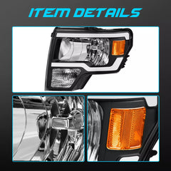 Headlight Assembly Compatible with 2009-2014 Ford F150 Front Lamp with Sequential Turn Light/Led DRL-Black Housing/Clear Lens/Amber Reflector