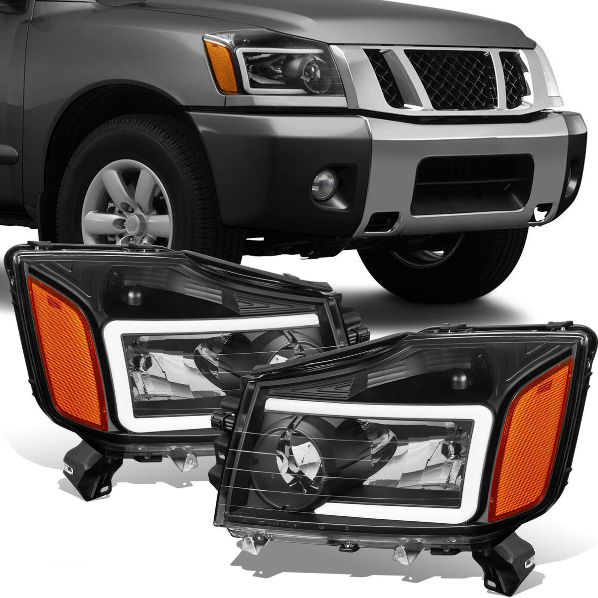 Black Housing Headlights w/ LED Bar Clear Lens For 2004-2015 Nissan Titan 2004-2007 Armada 2pcs