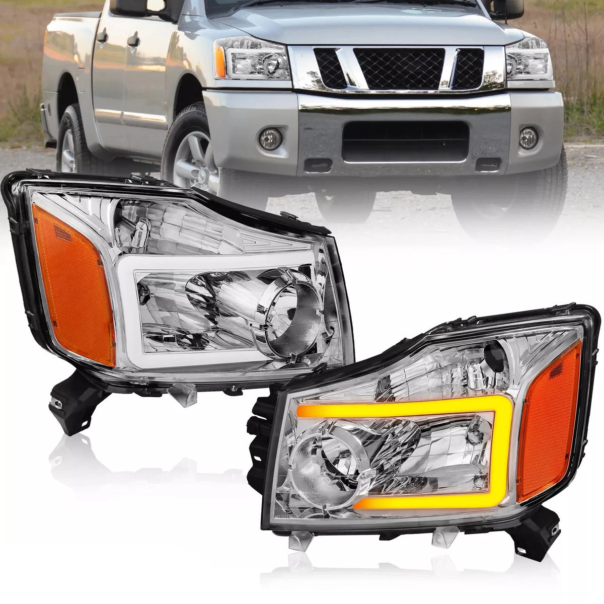 Chrome Housing Headlights & LED Sequential Turn Signal Front Lamps For 2004-2015 Nissan Titan 2pcs