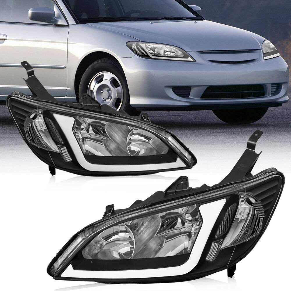 Headlight Assembly Compatible with 2004 2005 Honda Civic w/LED DRL Strip/Smoke Housing/Clear Lens/Clear Reflector