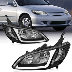 Headlight Assembly Compatible with 2004 2005 Honda Civic w/LED DRL Strip/Smoke Housing/Clear Lens/Clear Reflector