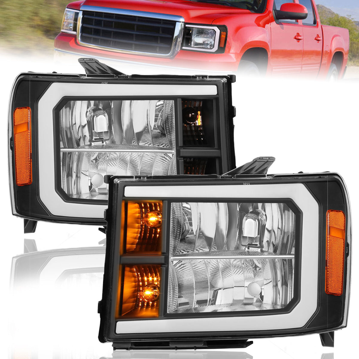 Black Housing Headlights Assembly w/LED DRL For 2007-2013 GMC Sierra 1500 2500HD 3500HD 2pcs