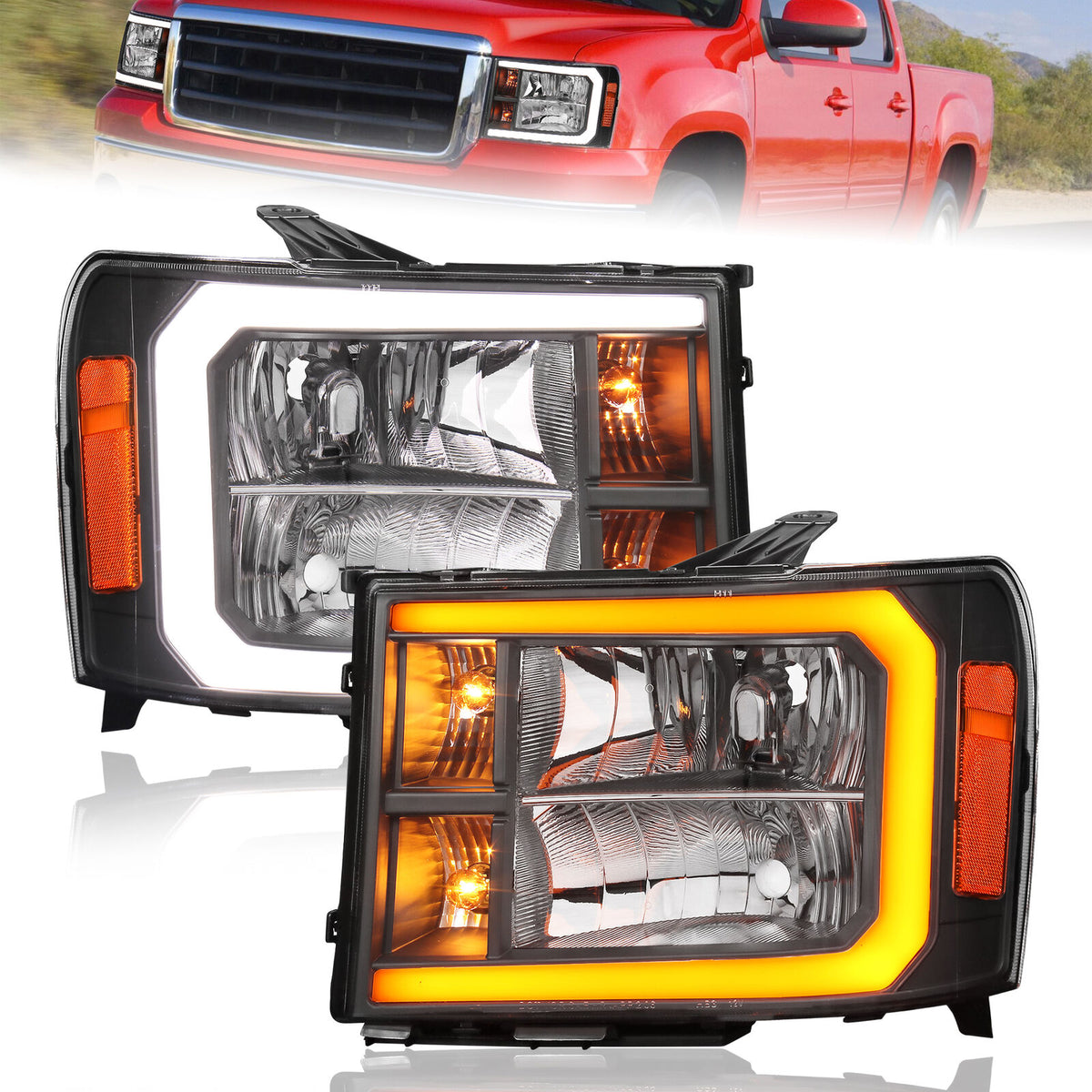 Headlights w/ LED DRL & Sequential Turn Signal For 2007-2013 GMC Sierra 1500 2pcs