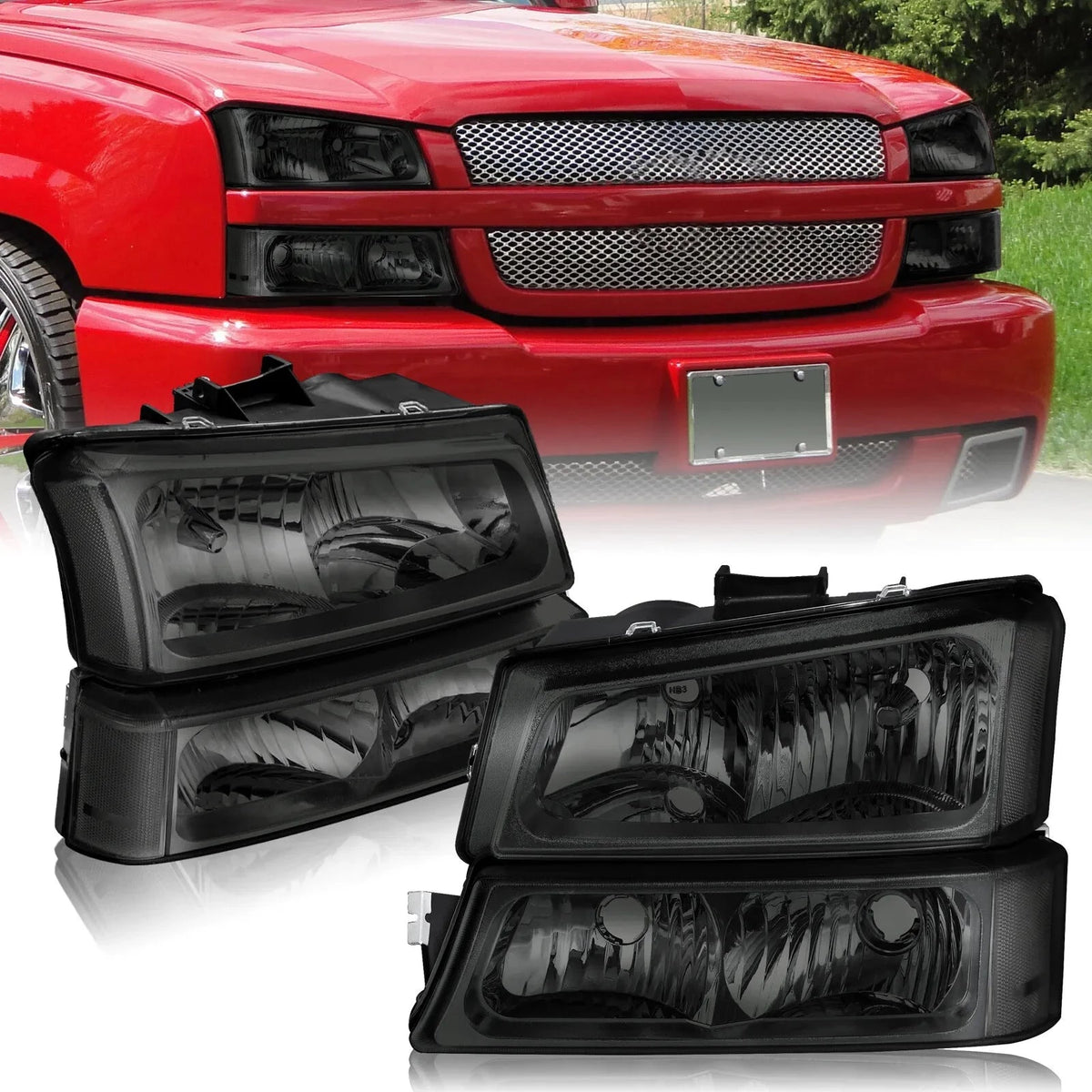 Smoke Headlights & Bumper Light W/ Black Lens For 2003-2006 Chevrolet Silverado 1500 2500