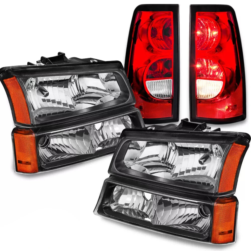 Black Housing Headlights & Red Tail Lights For 2003-2006 Chevy Silverado 1500 2500 6Pcs