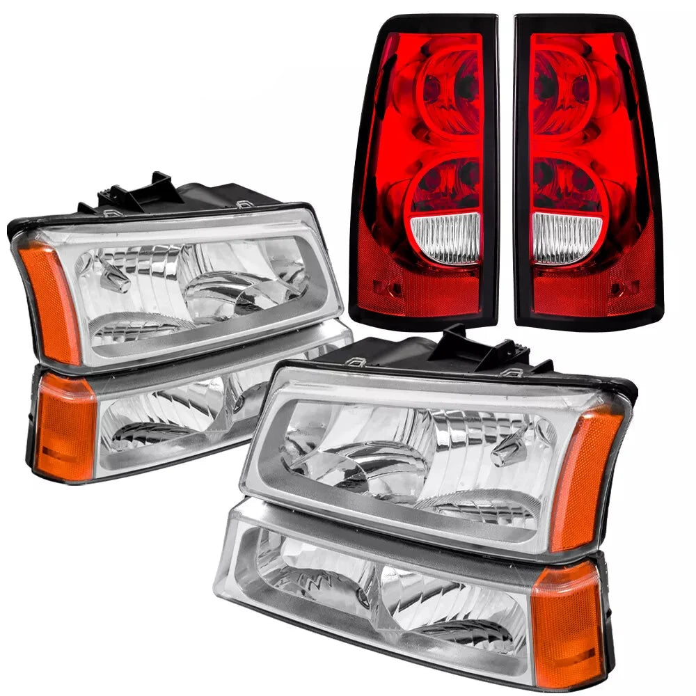 LONGHONGAUTO Chrome Headlights & Red Lens Tail Lights For 2003-2006 Chevy Silverado