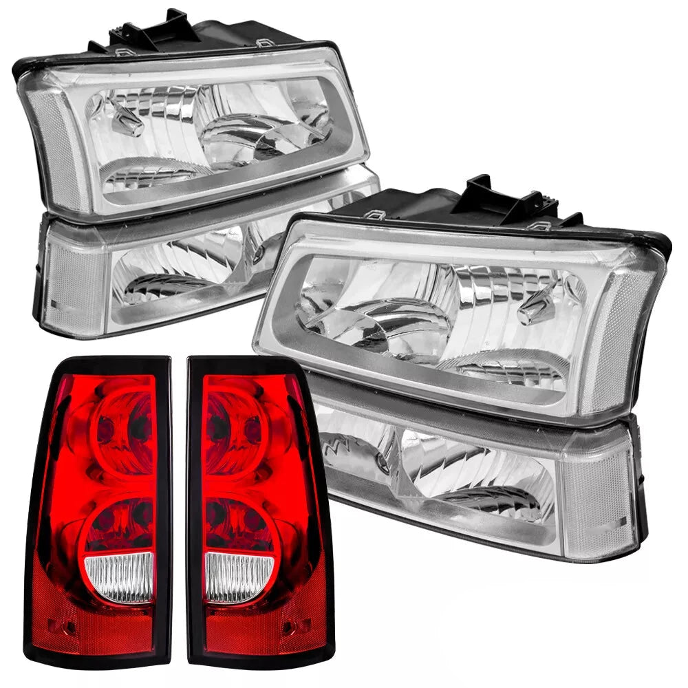 Chrome Housing Headlights & Red Tail Lights For 2003-2006 Chevy Silverado (Set of 4)