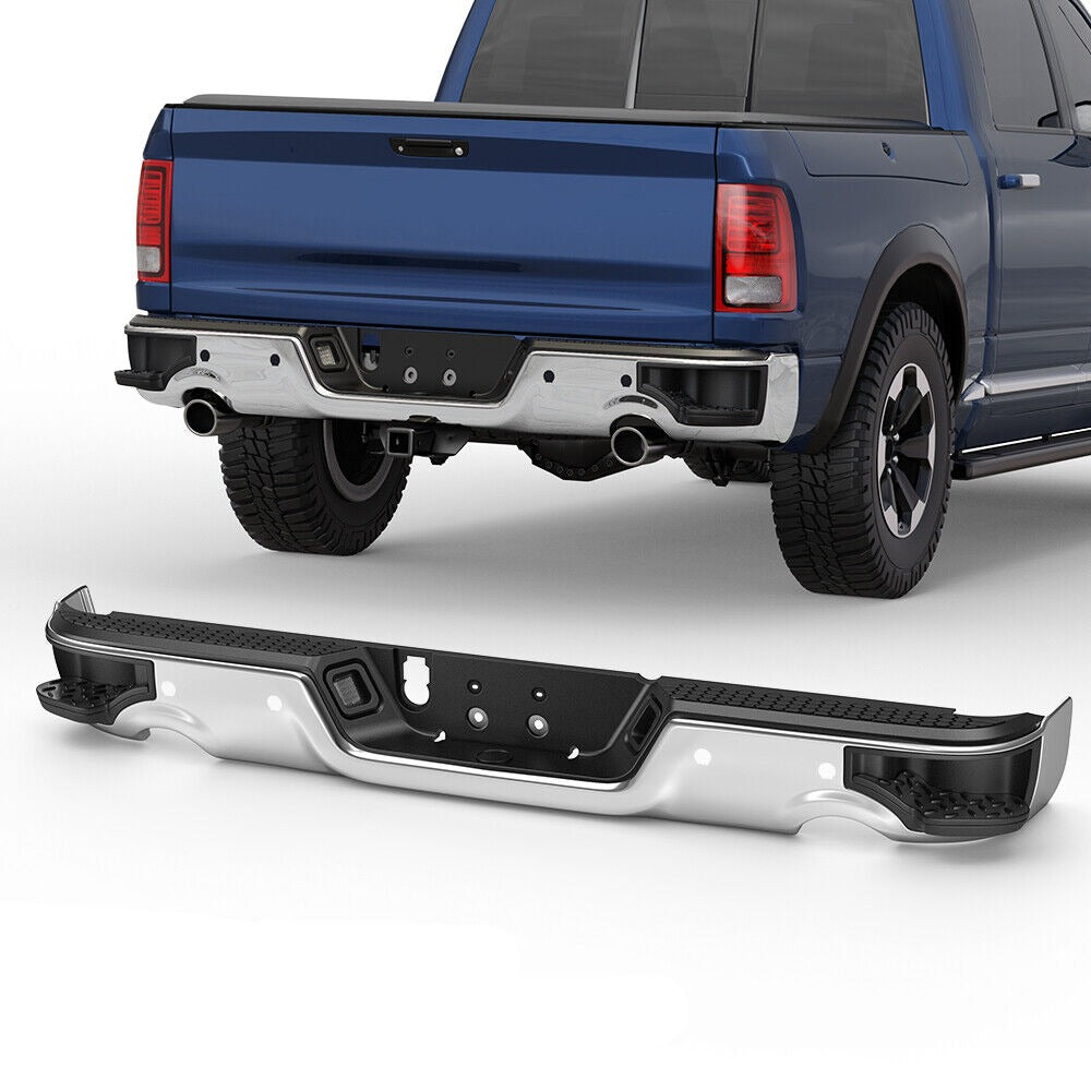 Chrome Steel Rear Bumper w/ Corner Step For 2009-2018 Ram 1500 w/ Dual Exhaust & Sensor Hole