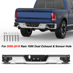 Chrome Steel Rear Bumper w/ Corner Step For 2009-2018 Ram 1500 w/ Dual Exhaust & Sensor Hole